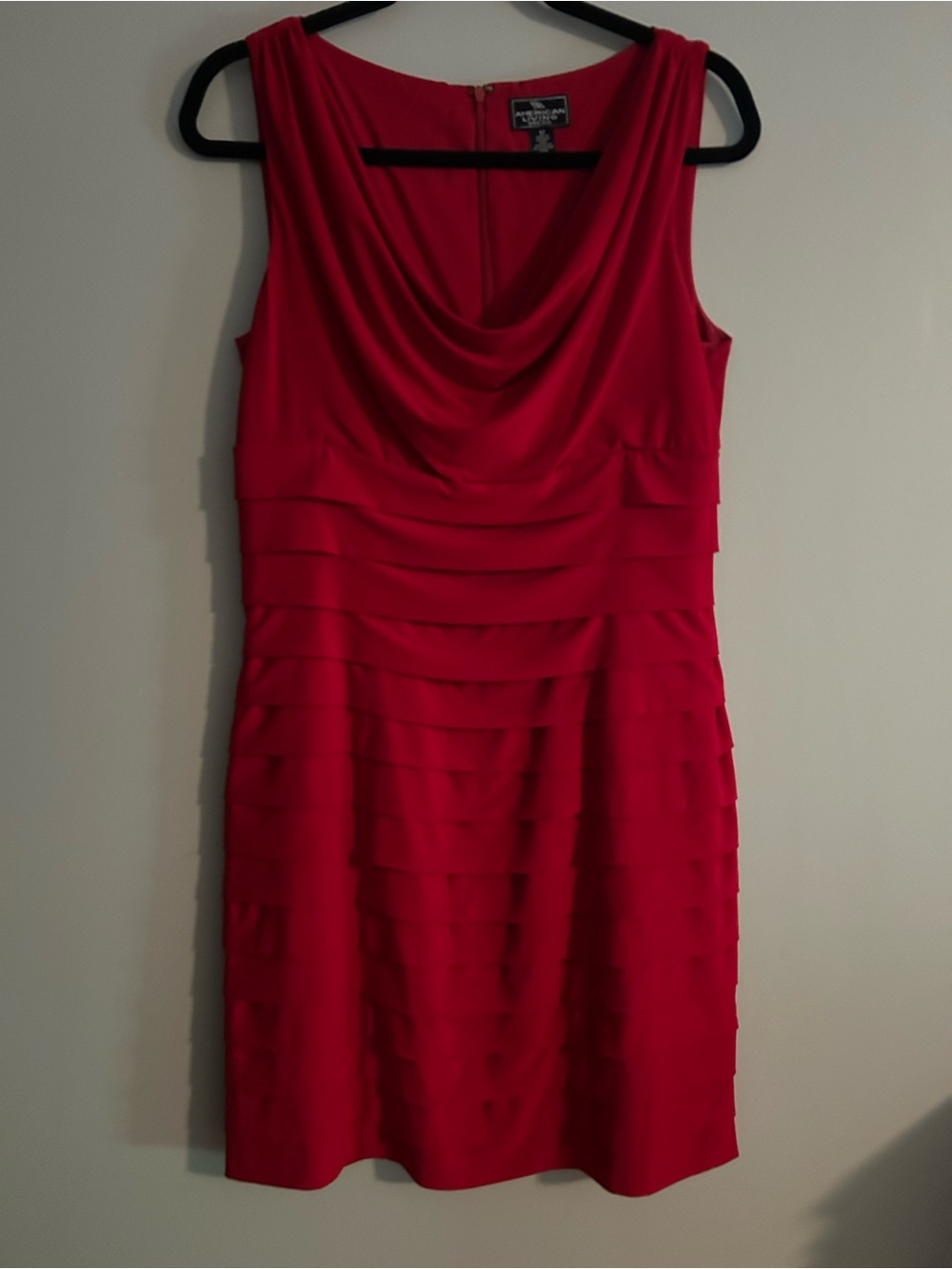 American Living Red Sleeveless Cowl Neck Ruffle Tier Dress
